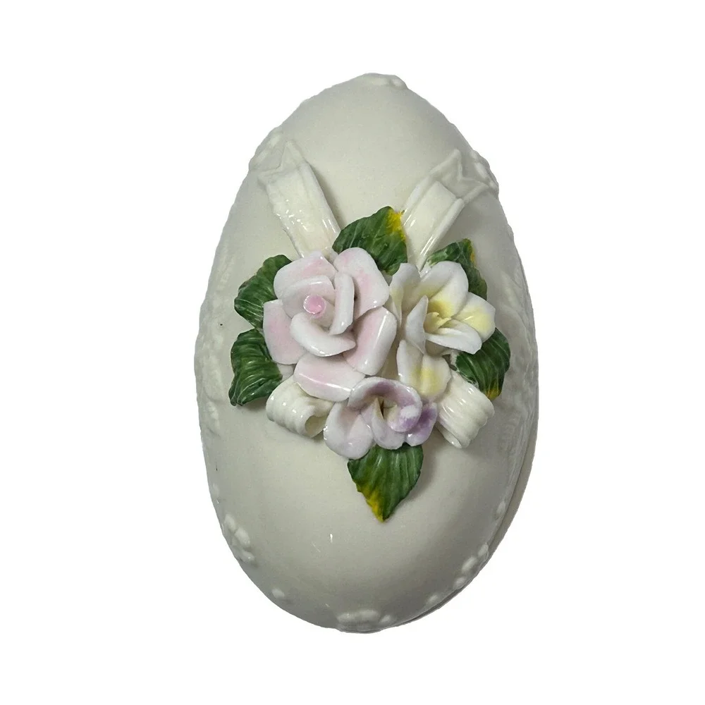 VTG Capodimonte Style Floral Oval Easter Spring Egg Jewelry Trinket Box W/ Lid